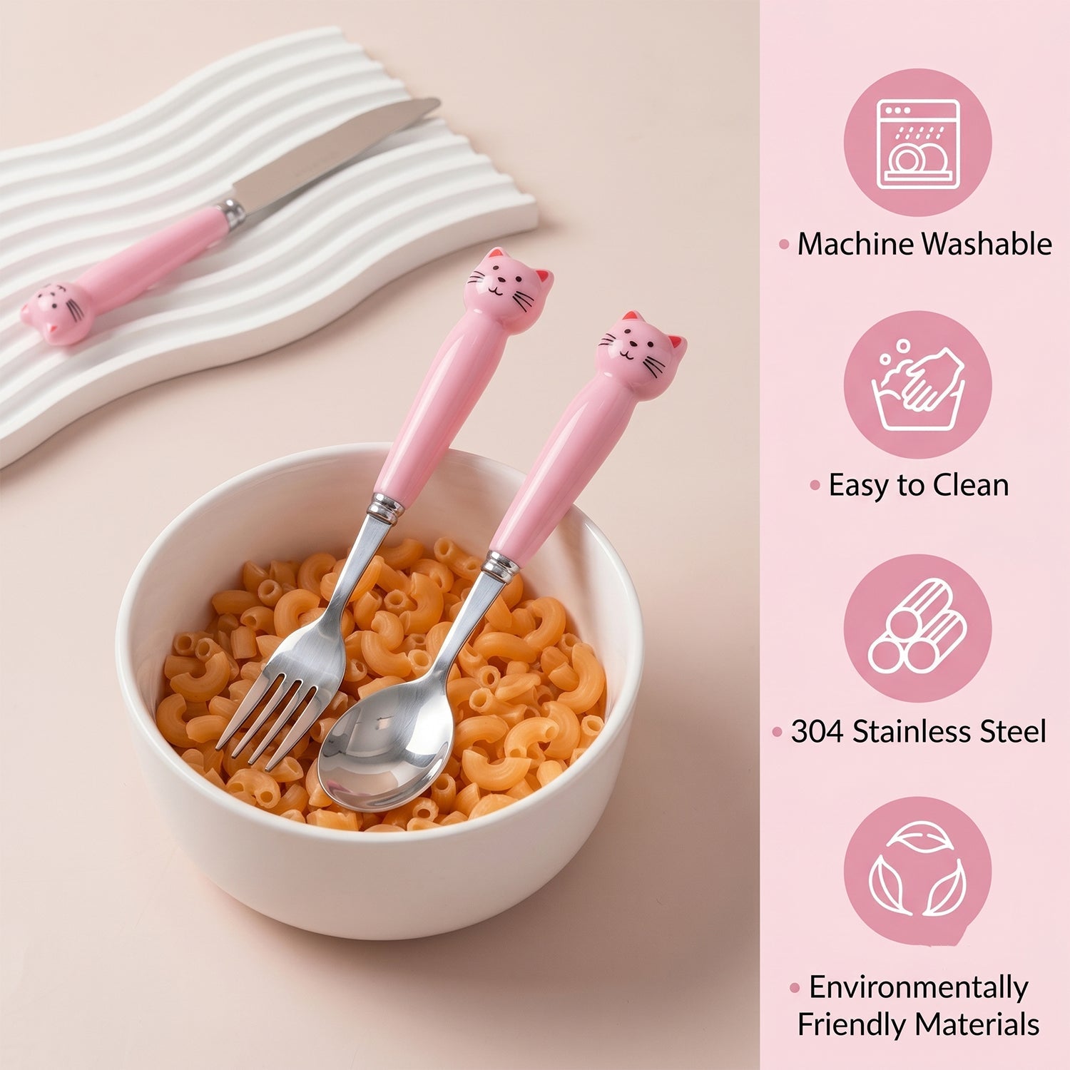 Kids stainless steel cutlery set with fork, knife, and spoon in a case, by Wukusy, perfect for children’s meals and easy to carry.