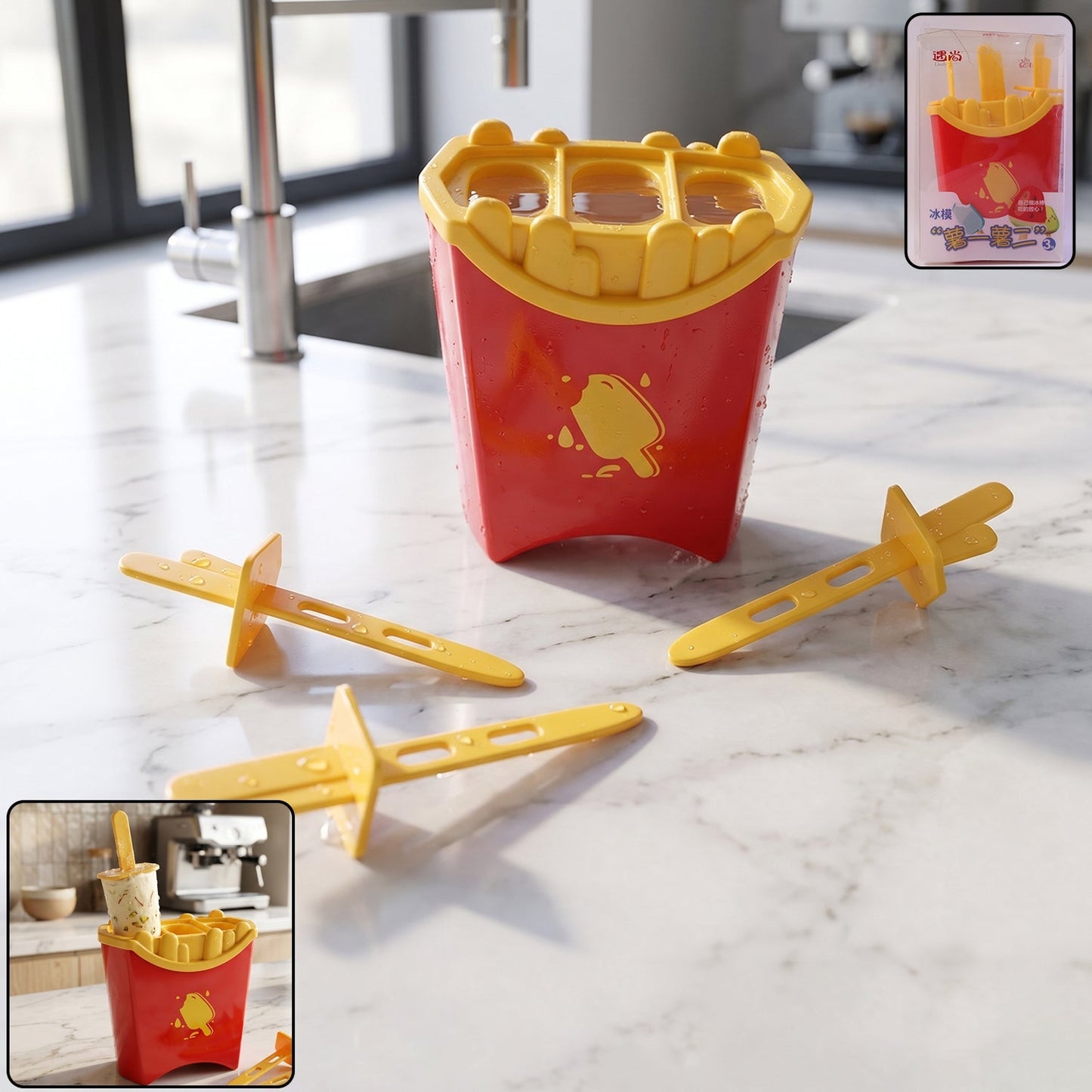 Wukusy French fries shape ice popsicle mold set with three reusable kulfi ice cream molds on a countertop.