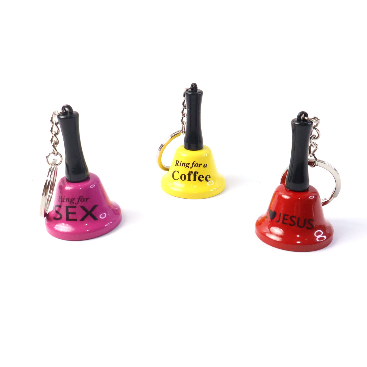 Wukusy mini hand bell with keychain, compact silver metal bell attached to a keyring, small portable accessory with a shiny finish