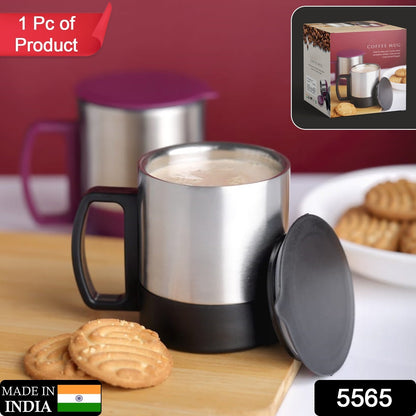 Wukusy stainless steel coffee and tea cup with lid, double-wall insulated mug with handle, ideal for hot beverages.