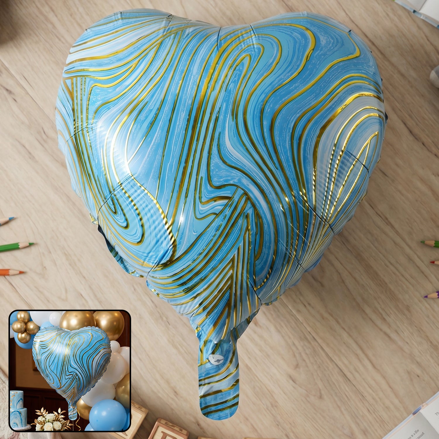 Blue marble heart foil party balloon by Wukusy, featuring a shiny metallic finish and a heart shape for celebrations.