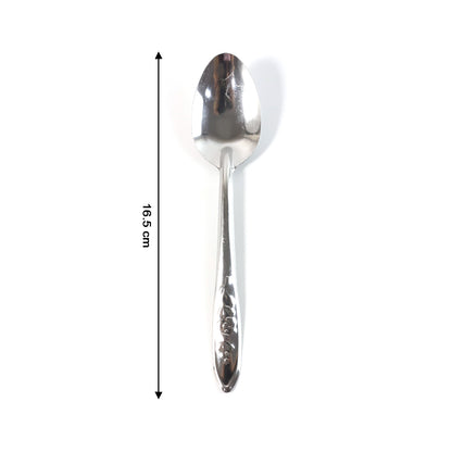 Set of 12 Wukusy premium stainless steel table spoons arranged on a dining table, showcasing sleek, polished design.