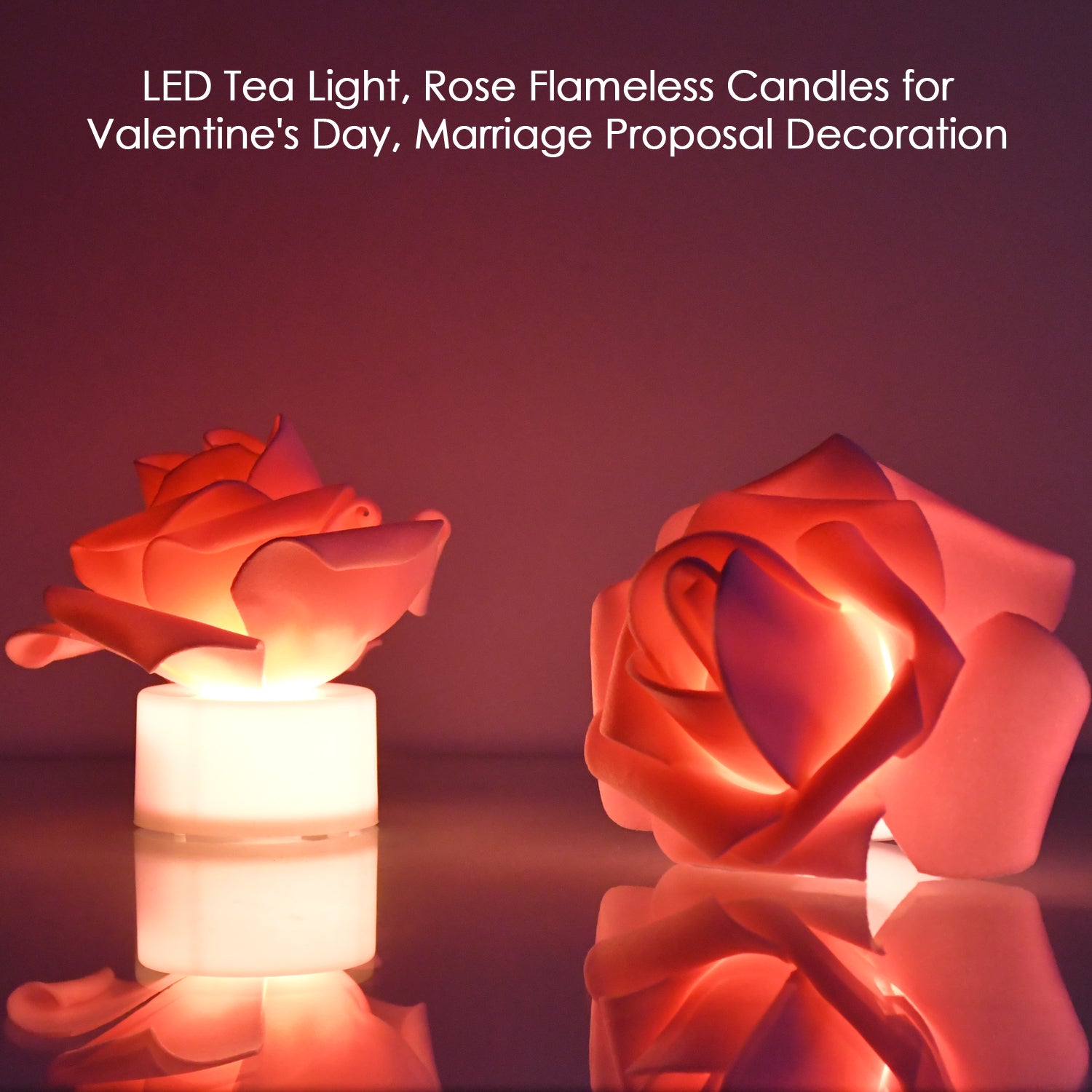 Two rose-shaped LED flickering tealight candles for home decor, designed by Wukusy with a warm, flickering glow.