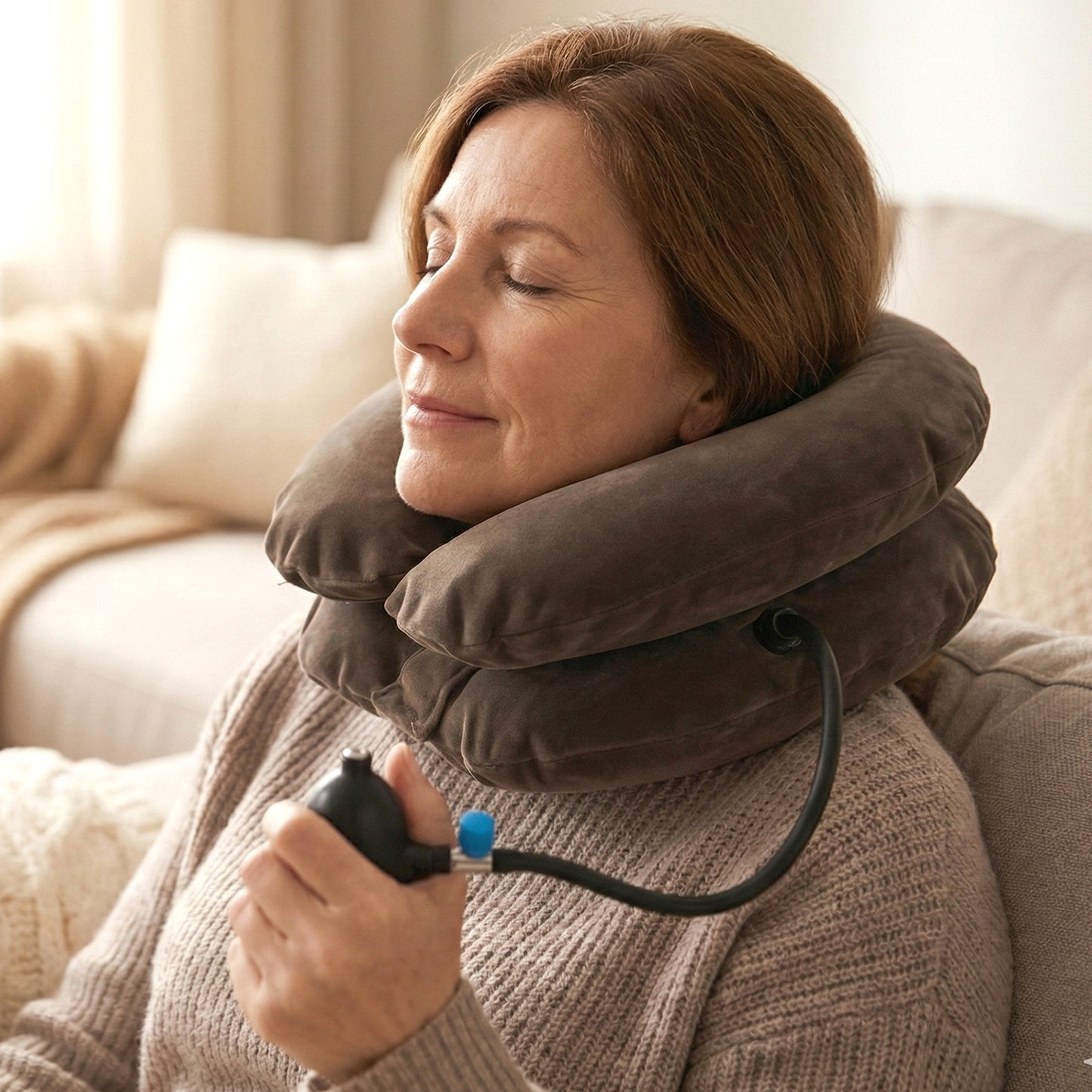 Wukusy 3-layer inflatable cervical neck traction support collar showing the adjustable inflatable design and soft neck padding.