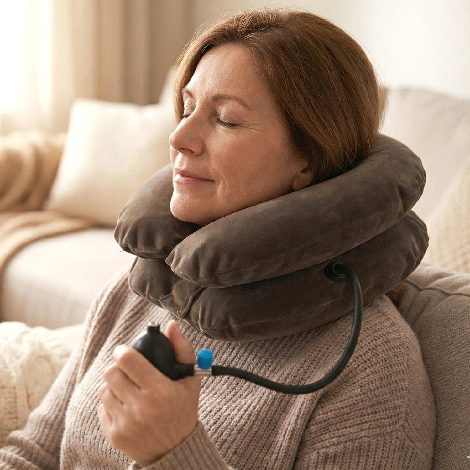 Wukusy 3-layer inflatable cervical neck traction support collar showing the adjustable inflatable design and soft neck padding.