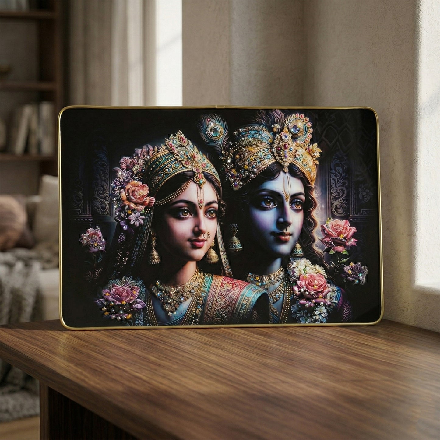 Decorative Radha Krishna wall painting frame by Wukusy, 45x30 cm, featuring vibrant traditional artwork for home decor