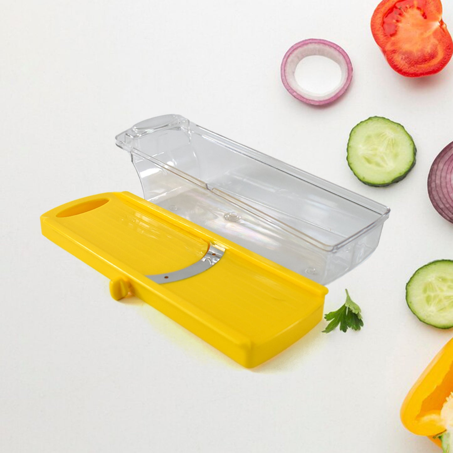 Yellow Wukusy vegetable and fruit slicer with multiple blades for efficient slicing of various produce.