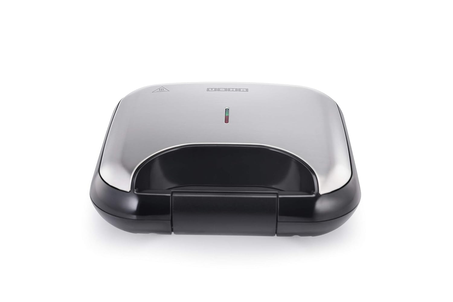 Seasons USHA 3772 stainless steel and black sandwich maker with non-stick plates for easy toasting and sandwiches.