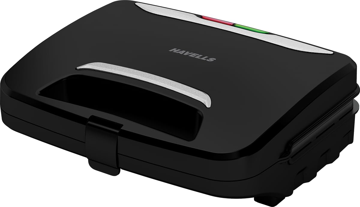 Seasons Havells BigFill Crustino sandwich maker with black exterior, 900W power, non-stick coated plates for easy toasting.