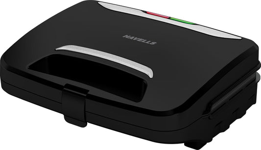 Seasons Havells BigFill Crustino sandwich maker with black exterior, 900W power, non-stick coated plates for easy toasting.