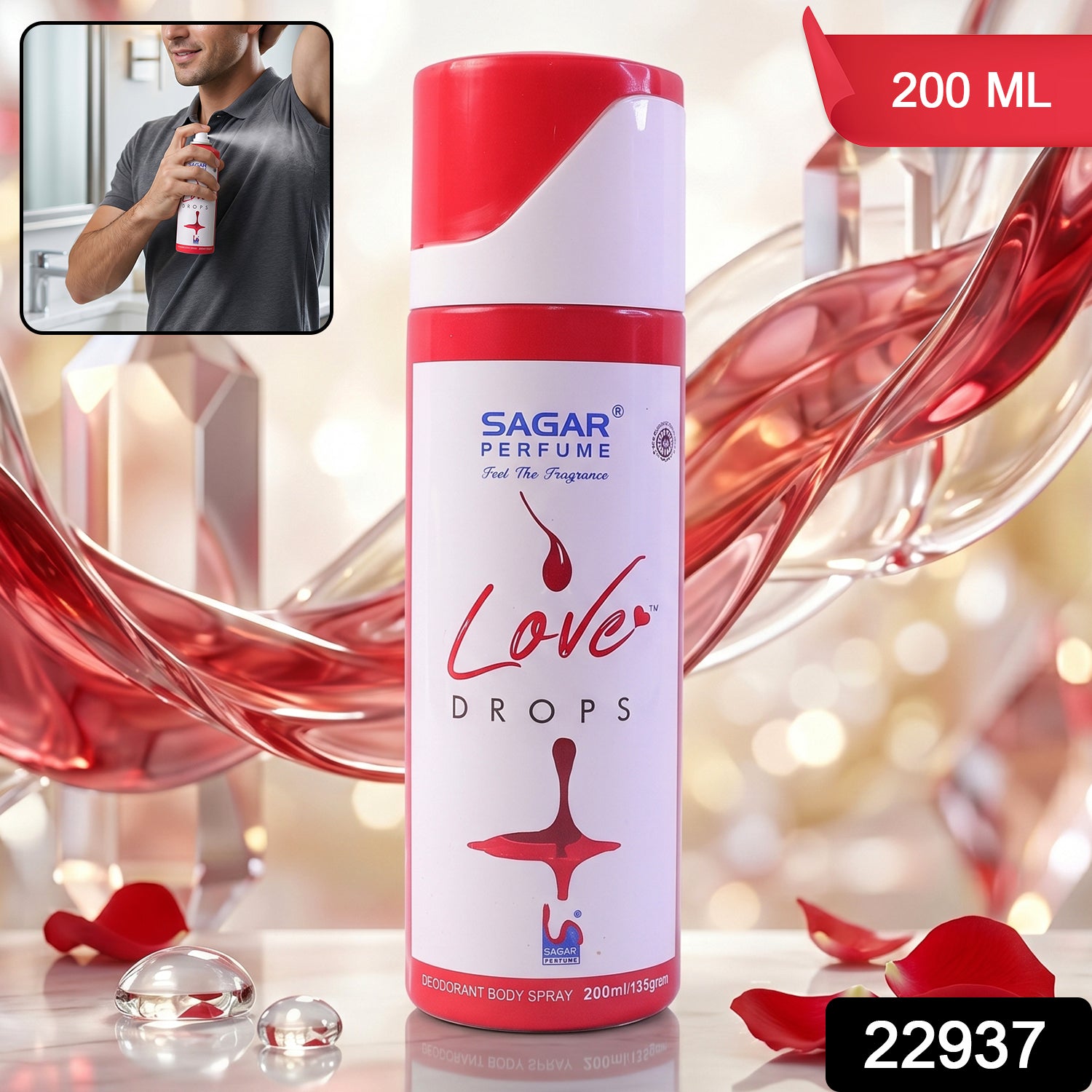 Wukusy Sagar Love Drops perfume deodorant body spray 200ml with long-lasting floral fragrance, spray bottle on white background