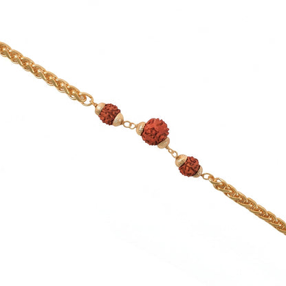 Gold-plated Rudraksha Bead Rakhi on a decorative chain for brother, featuring traditional design and intricate craftsmanship.