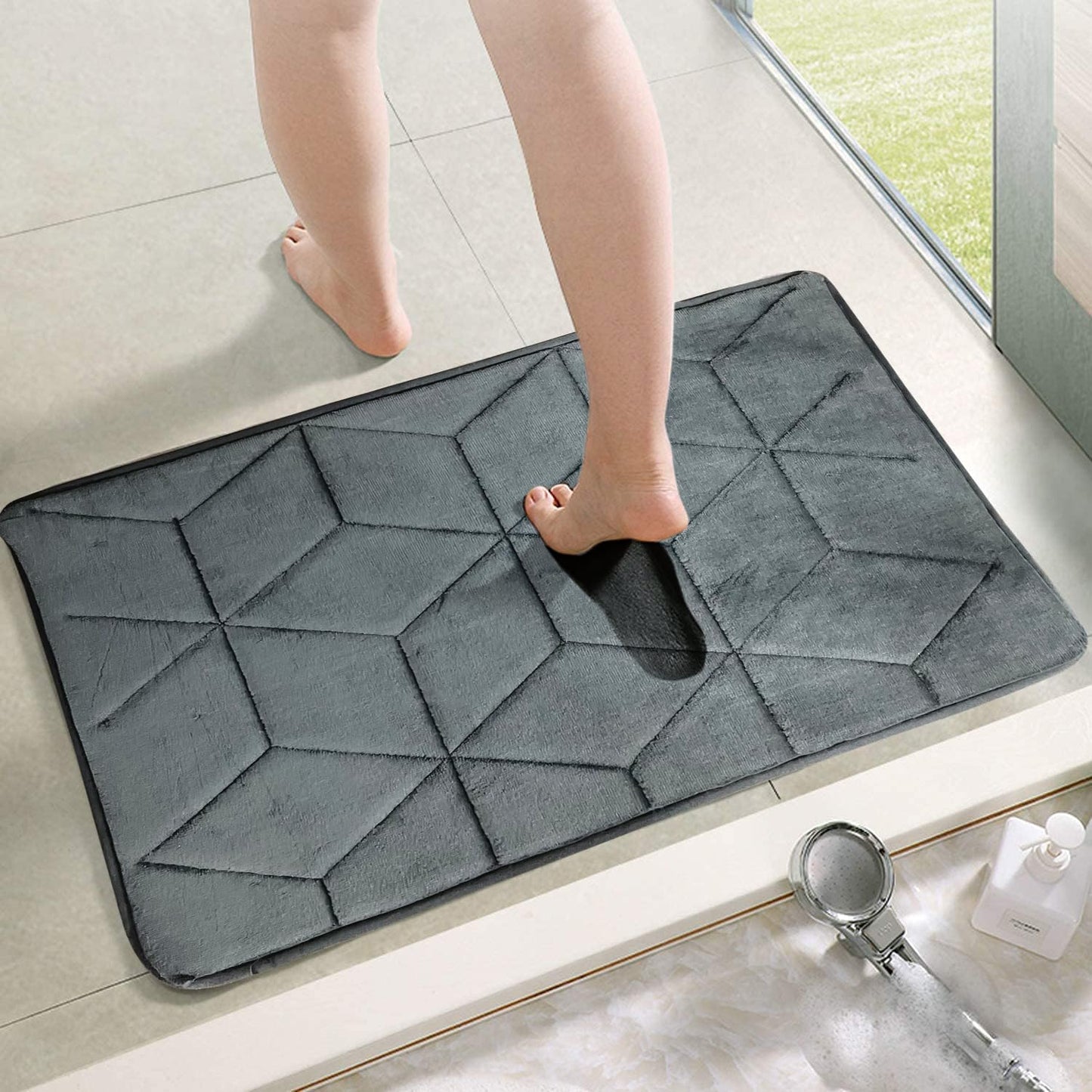 Grey Seasons foam bath mat rug for bathroom, non-slip surface and plush texture, designed for comfort and safety.