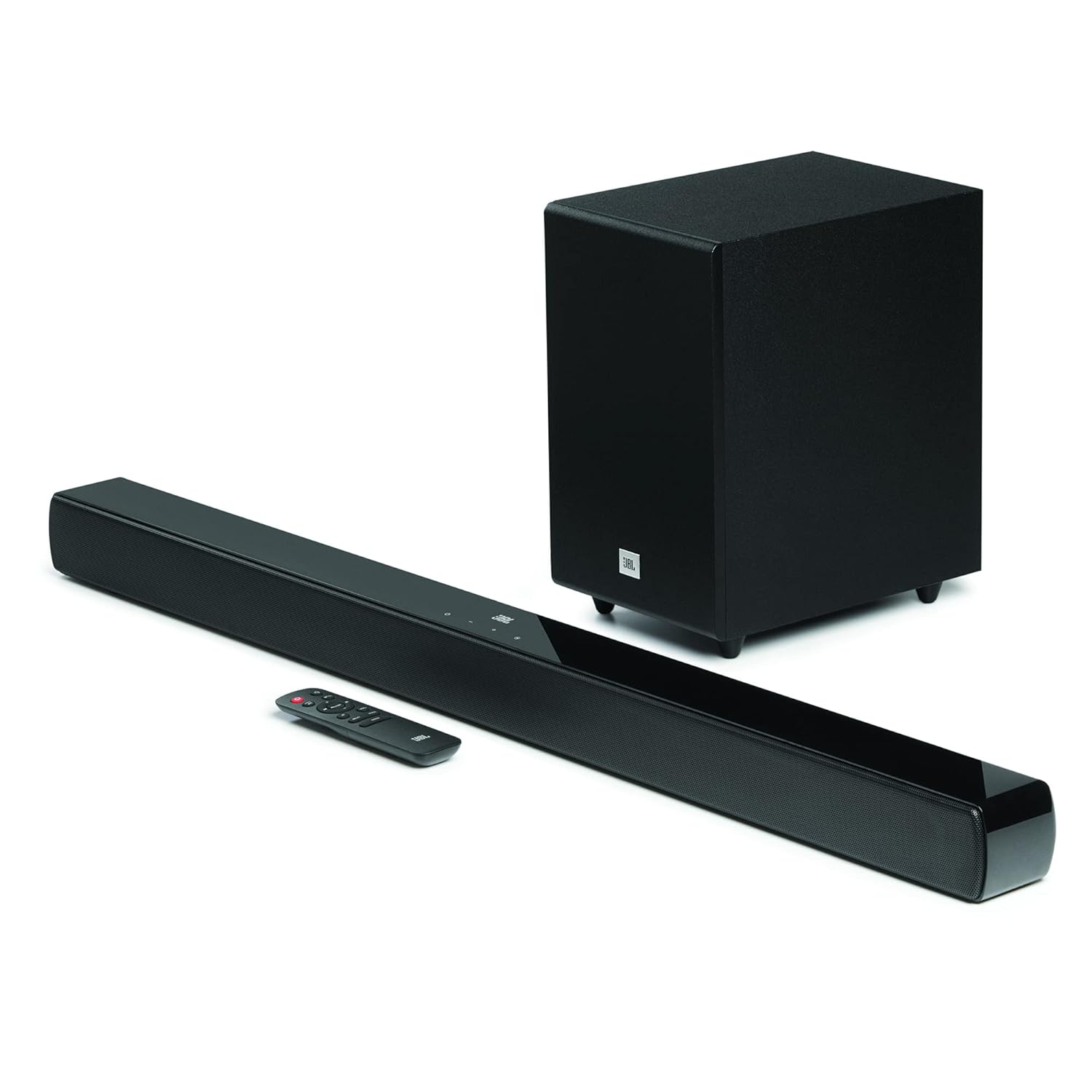 Black JBL Cinema SB241 2.1 HDMI Bluetooth soundbar with stereo channels and sleek design, perfect for home audio.