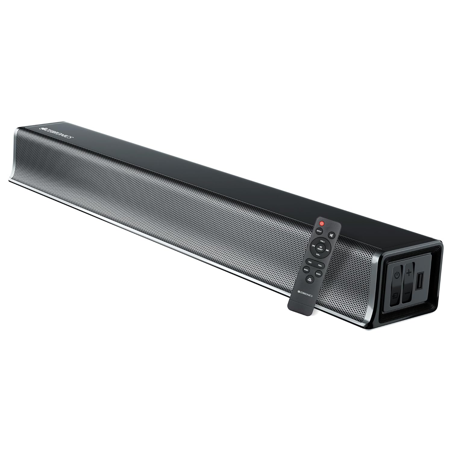 Seasons Zebronics Juke Bar 2510 sleek black 2.0 channel soundbar with HDMI ARC, USB, AUX inputs and LED indicator.