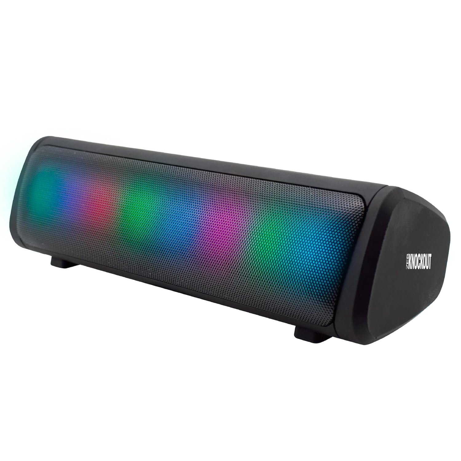 Seasons Zebronics Zeb-Knockout Bluetooth speaker in black with call and TWS functions, mono channel, BT v5.4 wireless audio device.