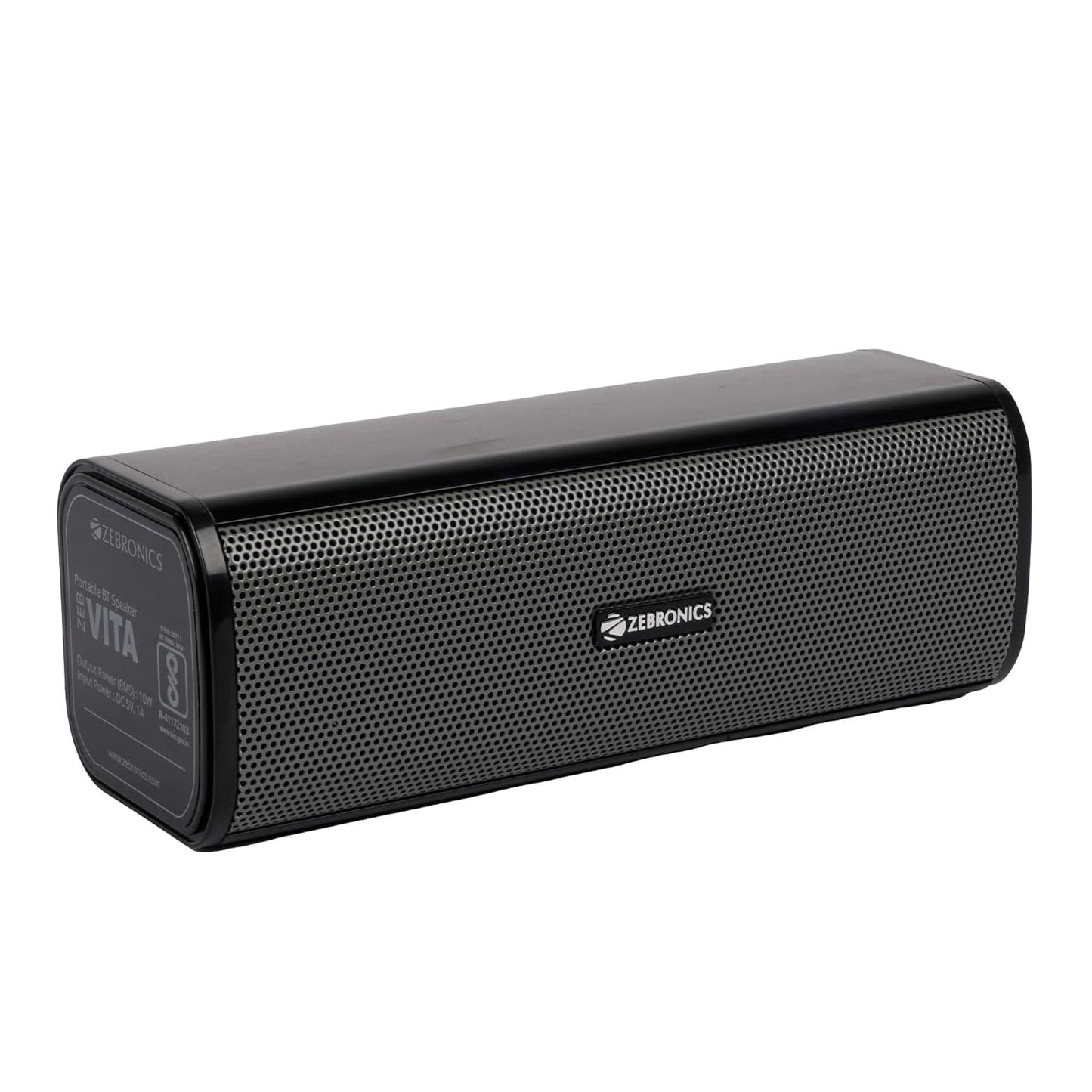Seasons Zebronics Zeb-Vita 10W Bluetooth speaker in grey with stereo channels, compact design for portable audio.