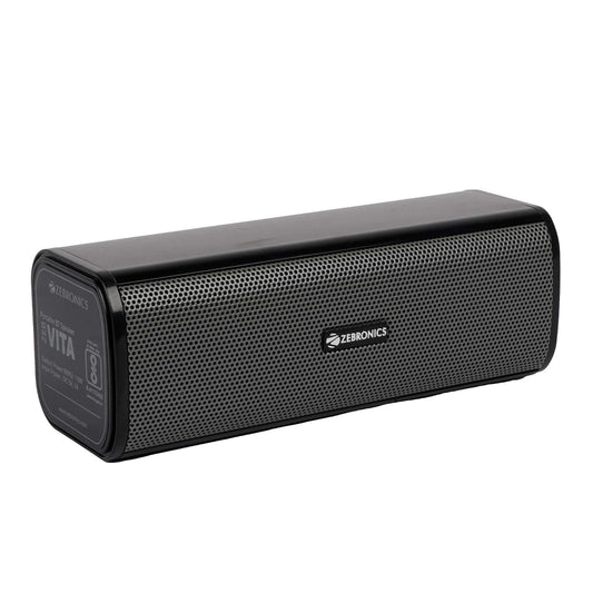 Seasons Zebronics Zeb-Vita 10W Bluetooth speaker in grey with stereo channels, compact design for portable audio.