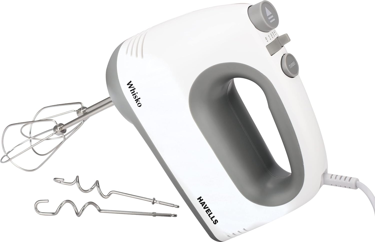 Havells Whisko hand mixer by Seasons, 300W electric hand blender with white and grey finish, used for mixing and whisking ingredients.