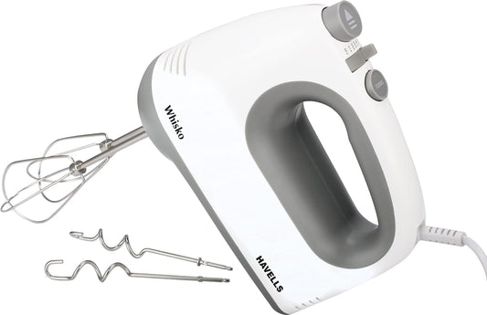 Havells Whisko hand mixer by Seasons, 300W electric hand blender with white and grey finish, used for mixing and whisking ingredients.