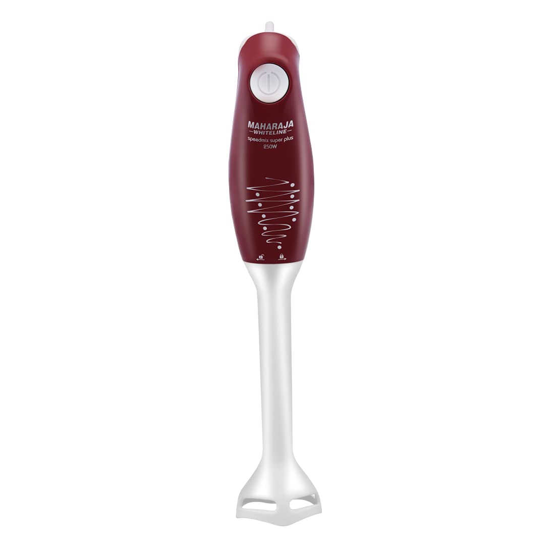 Maroon Maharaja Whiteline SB250XSS 250W hand blender with ergonomic handle and blending attachment, designed for kitchen use.