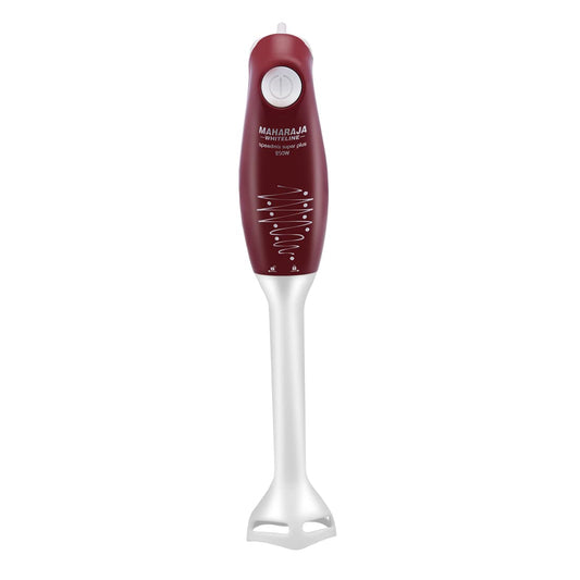 Maroon Maharaja Whiteline SB250XSS 250W hand blender with ergonomic handle and blending attachment, designed for kitchen use.
