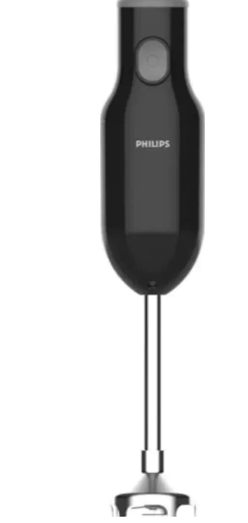 Black Philips HL1655/02 250W hand blender with ergonomic handle and stainless steel blending shaft for versatile kitchen use.
