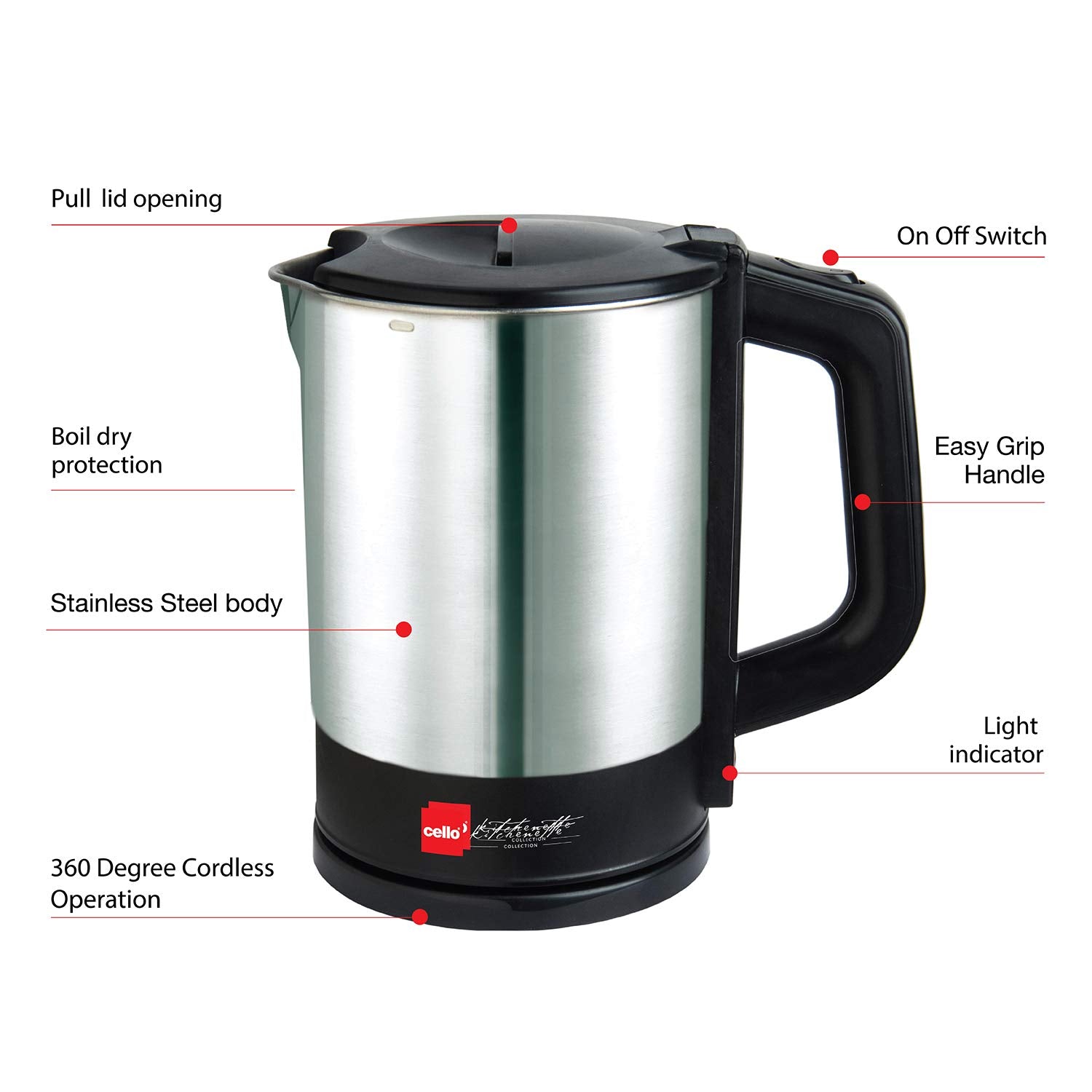 Seasons Cello Quick Boil 900 electric kettle, 1L, silver and black, with a sleek modern design for rapid boiling.