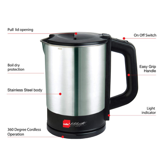 Seasons Cello Quick Boil 900 electric kettle, 1L, silver and black, with a sleek modern design for rapid boiling.
