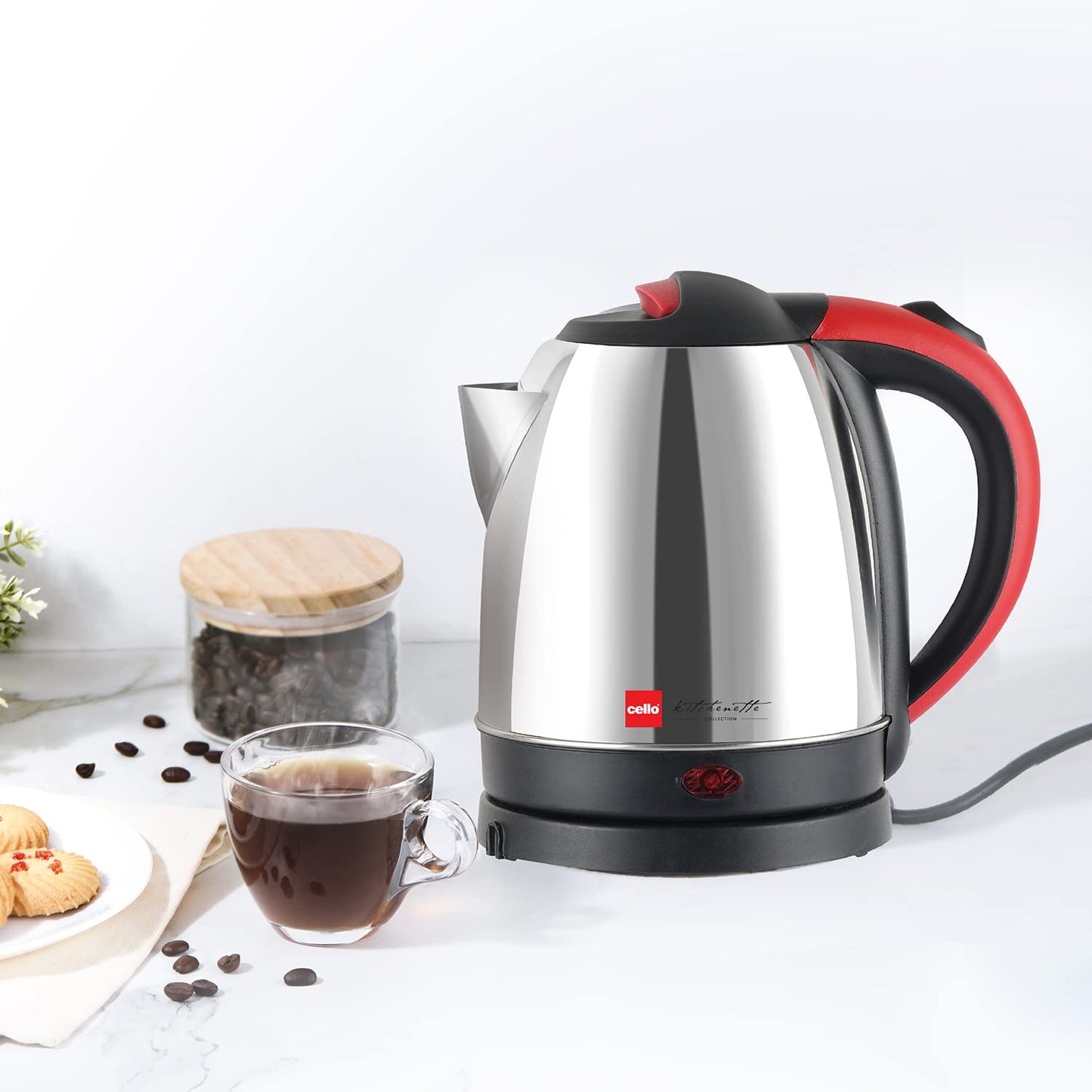 Seasons Cello Quick Boil Primo 1.8 L electric kettle in silver, with a sleek design for boiling water quickly.