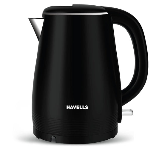 Seasons Havells Altro electric kettle in black, 1.5-liter capacity, with a sleek design and corded handle for boiling water.