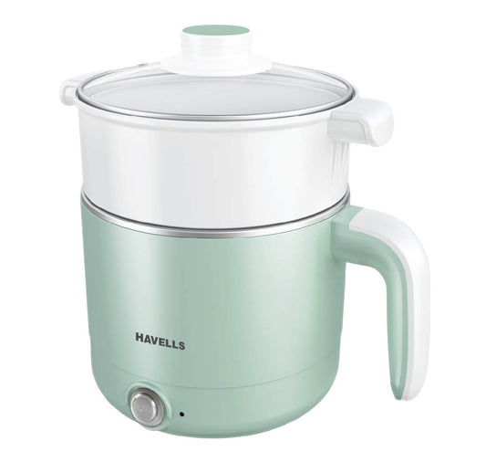 Seasons Havells Capture multi cooker electric kettle in green, 1.2-liter capacity, with a sleek design and ergonomic handle.