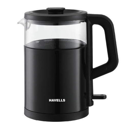 Black Havells Marino 1L electric kettle by Seasons with a modern design, featuring a compact and sleek appearance.