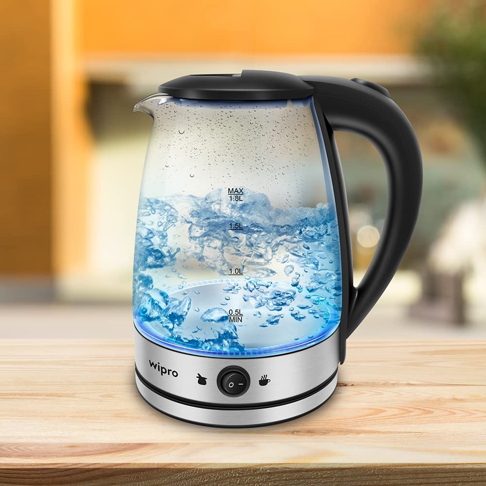 Seasons Wipro Vesta Glass LED electric kettle with keep warm function, 1.8L capacity, clear glass design for boiling beverages.