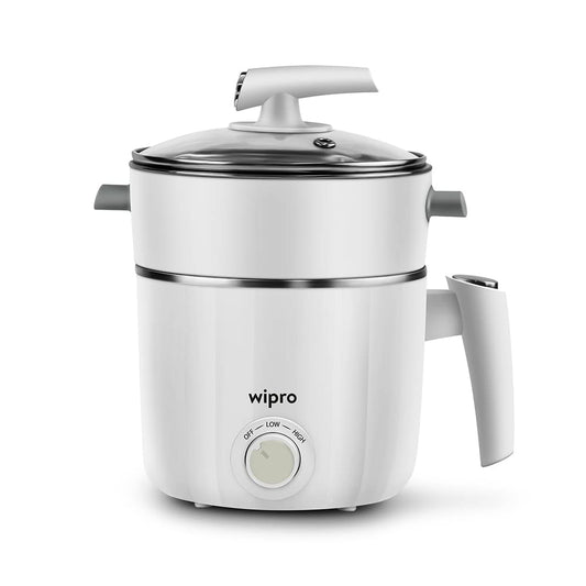 Seasons Wipro Vesta multicooker electric kettle with white finish, dual temperature control, 1.2L capacity, and safety features.