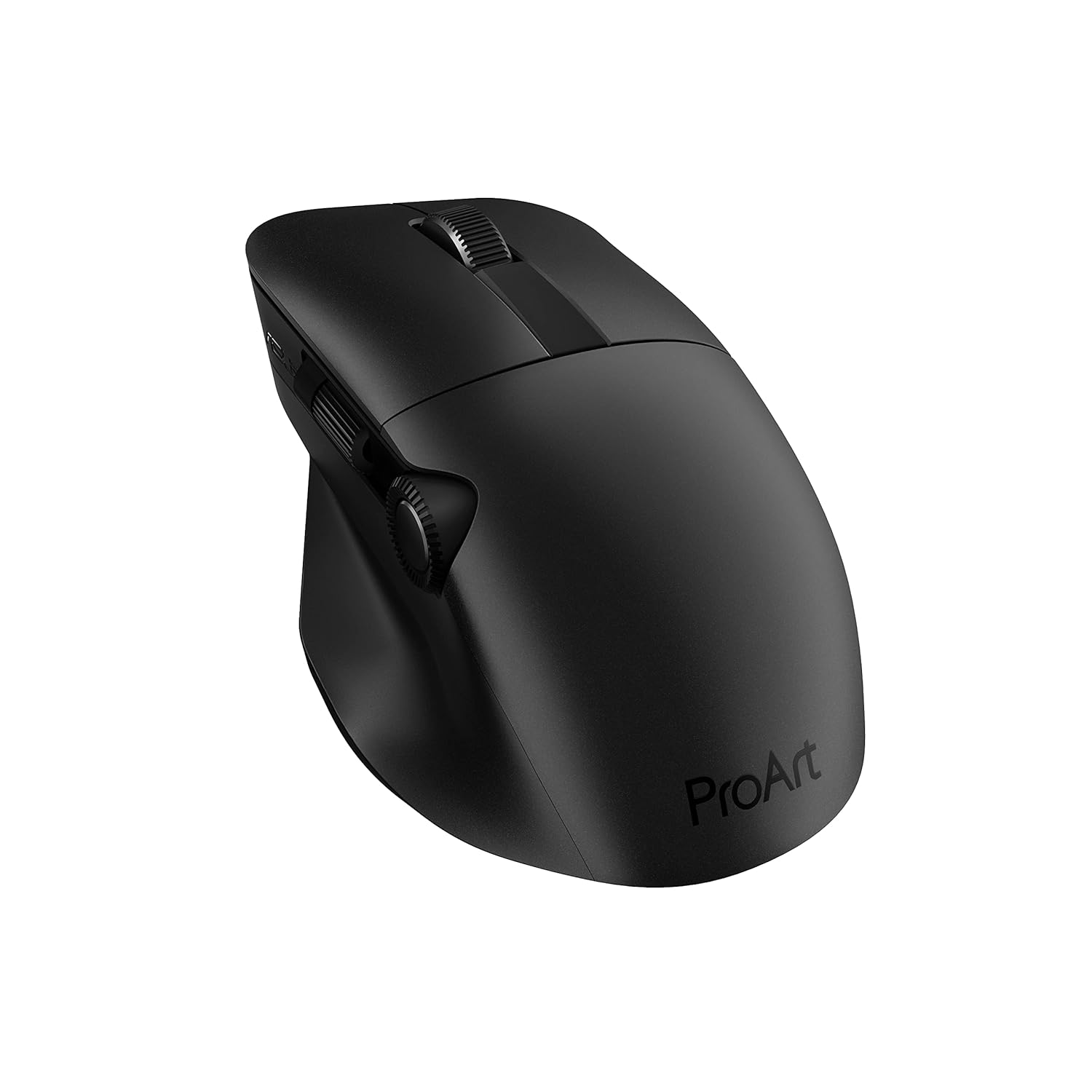 Black ASUS ProArt MD300 wireless optical mouse with Bluetooth, shown from a side angle on a plain background.
