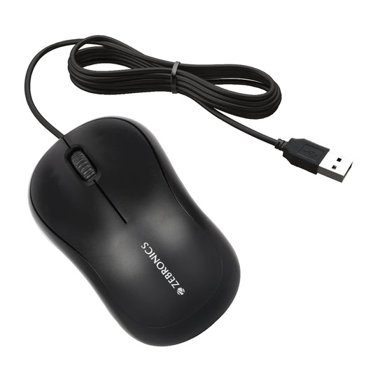 Black Zebronics Comfort wired optical USB 2.0 mouse by Seasons, featuring ergonomic design and standard click buttons.