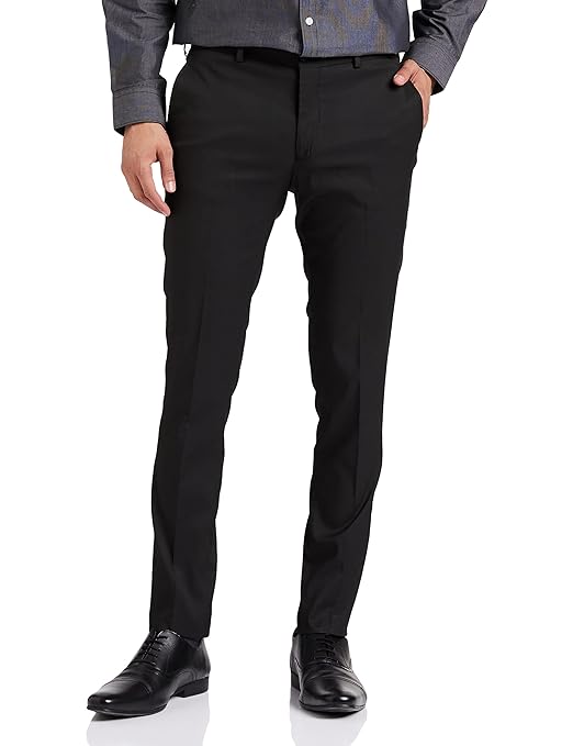 Men's black stretchable formal pants by Seasons, showing a close-up of the cotton fabric and tailored fit.