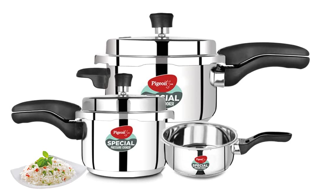 Stainless steel Pigeon by Stovekraft pressure cooker with inner lid, available in 2L, 3L, and 5L sizes, induction compatible.