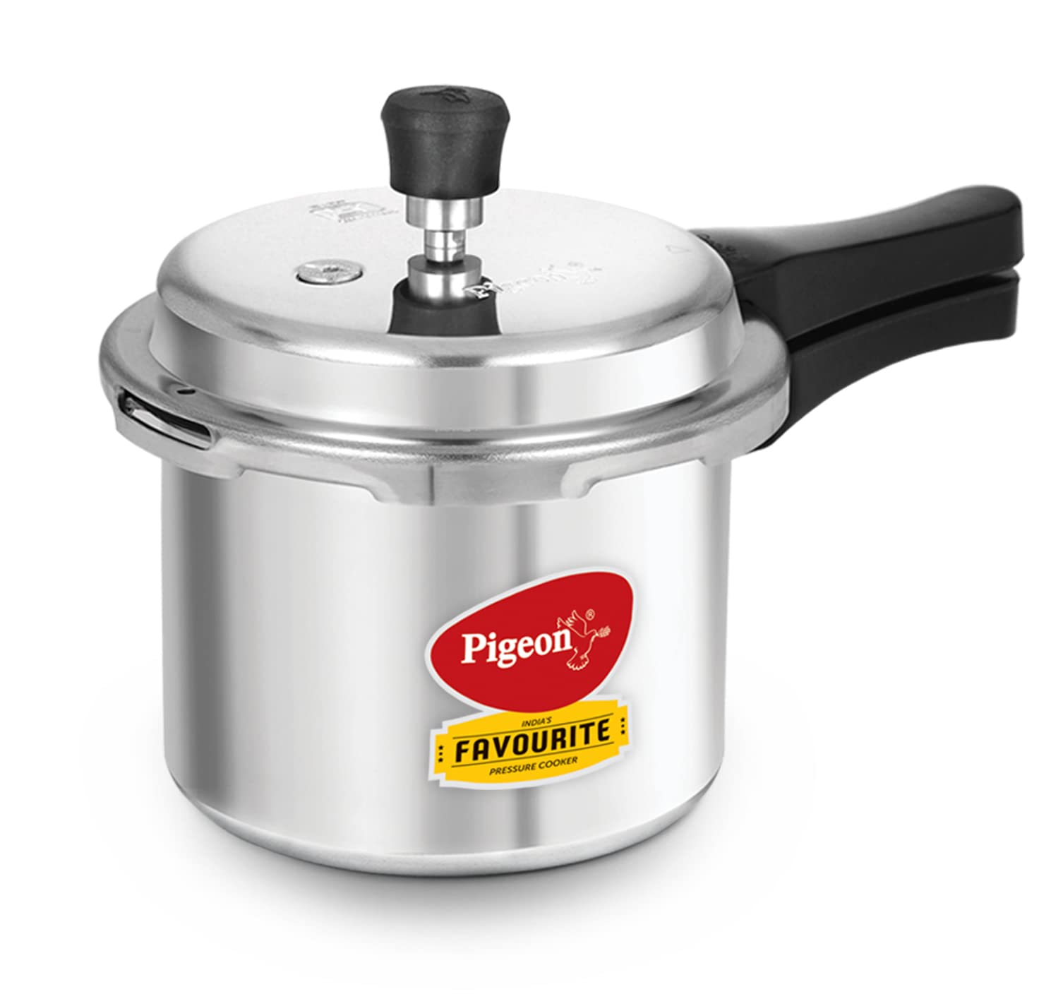 Seasons Pigeon Favourite 3L aluminium pressure cooker with stainless steel handles and lid, designed for efficient cooking.
