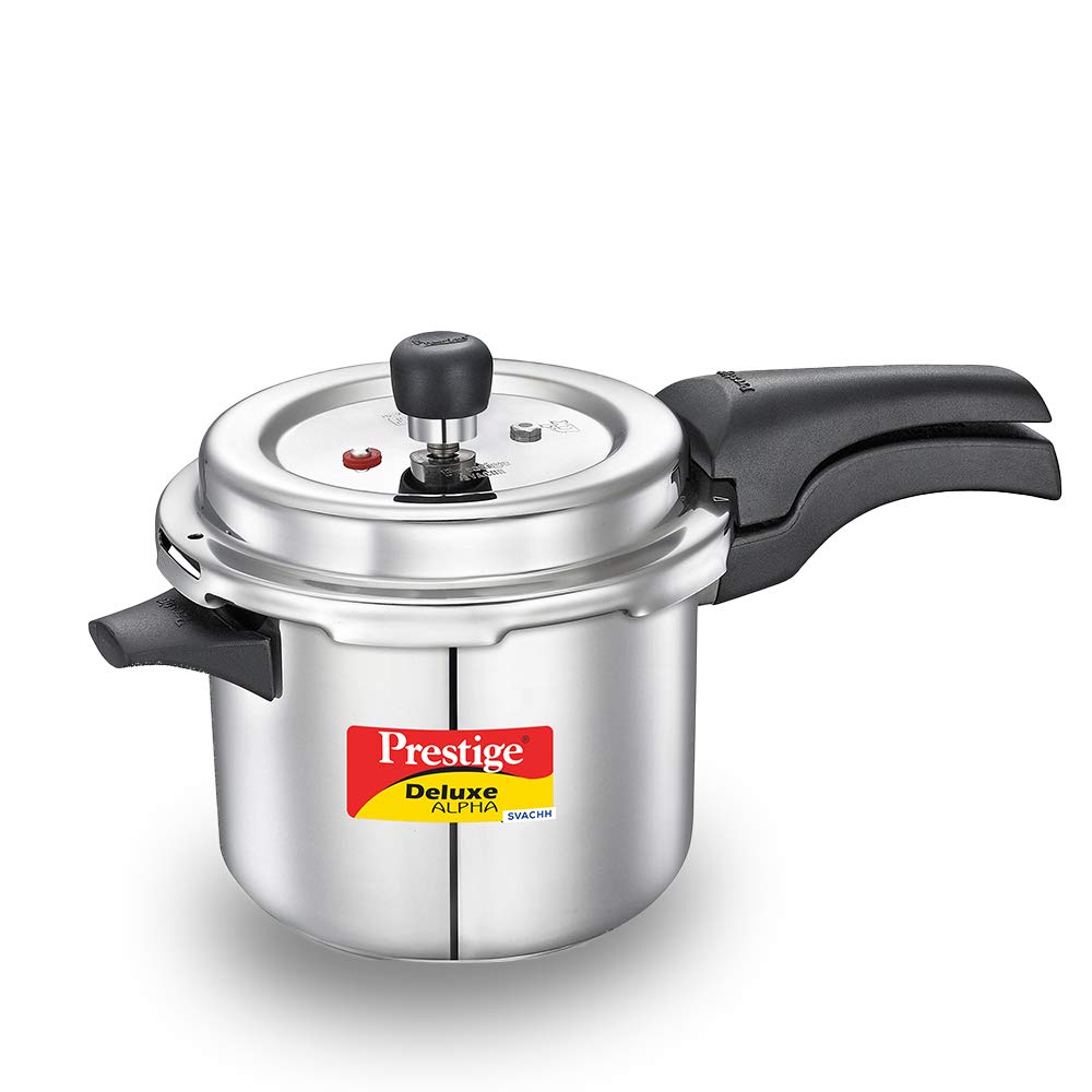 Seasons Prestige Deluxe Alpha Svachh 3.5L stainless steel induction bottom pressure cooker with a secure lid and ergonomic handles.