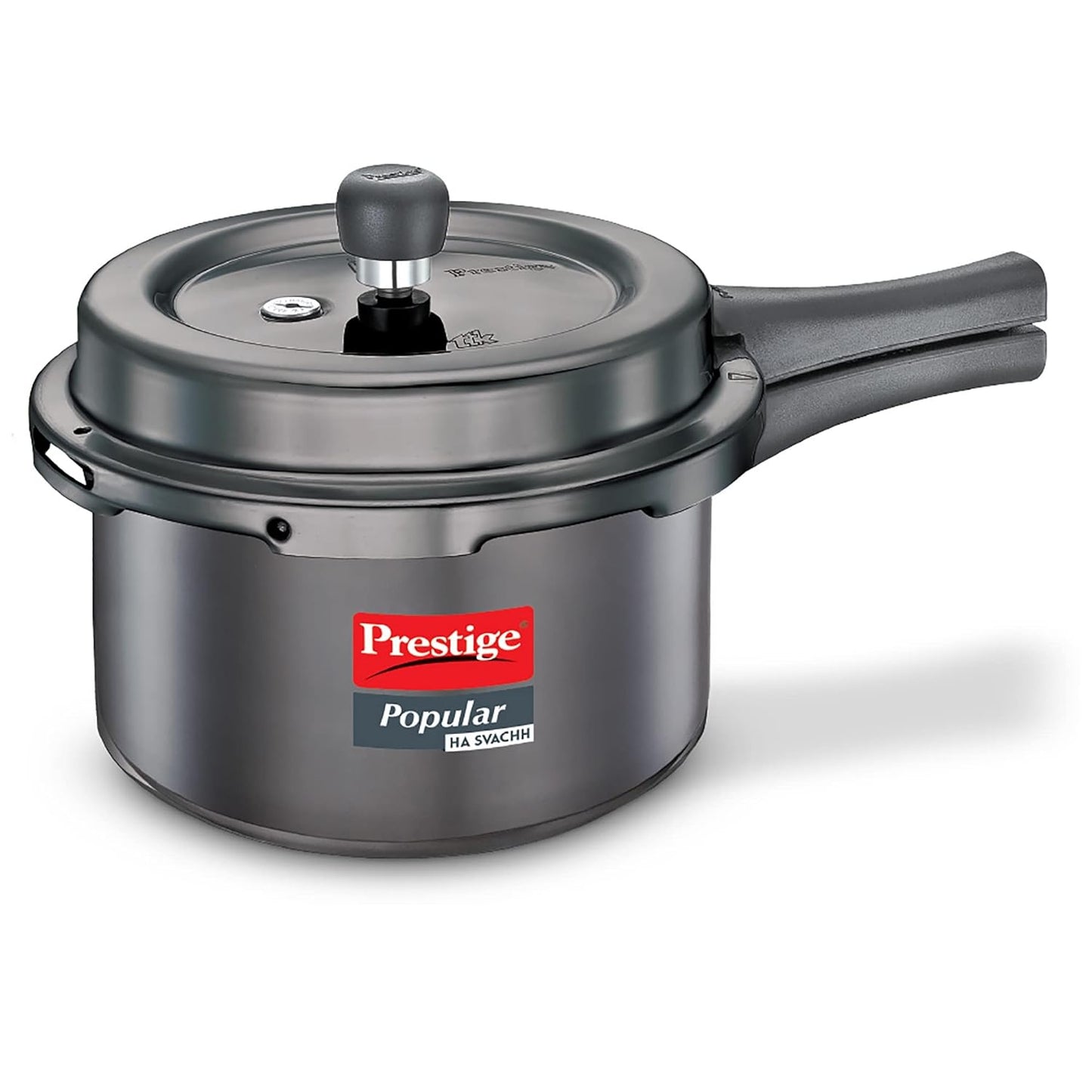 Seasons Prestige Popular Svachh 3L hard anodized pressure cooker with stainless steel lid and ergonomic handles.