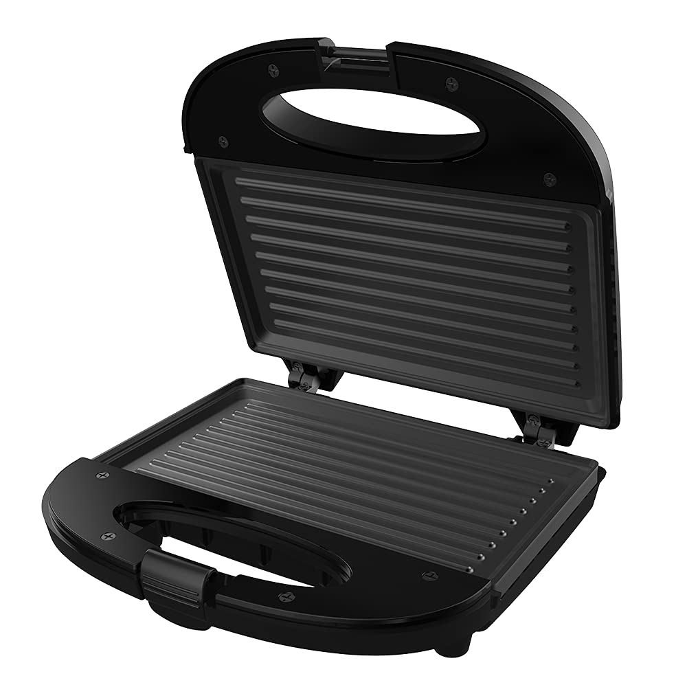 Seasons Crompton Instaservgrl black sandwich maker with non-stick plates and handle, ready for making grilled sandwiches.