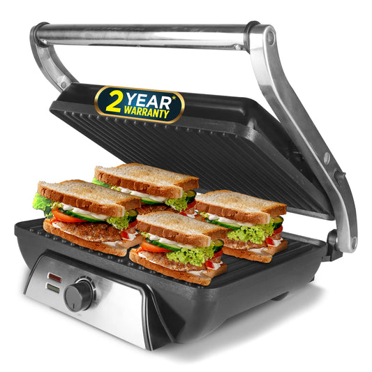 Seasons iBELL SM1201G electric sandwich maker with floating hinges, silver and black, large 4-bread size for grilling and toasting.