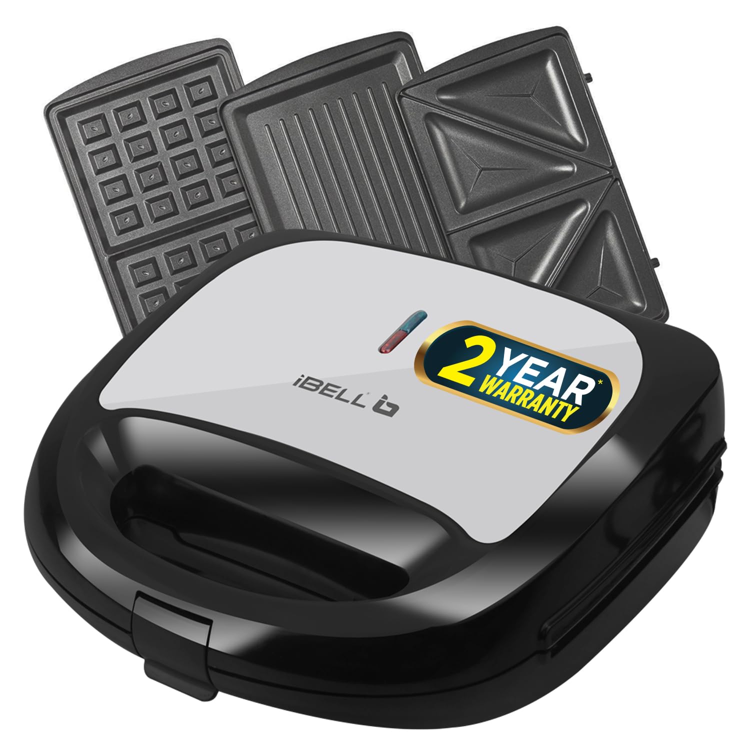 Seasons iBELL SM1301 3-in-1 sandwich maker with black finish, detachable plates for toast, waffles, and grilling, 750W power.