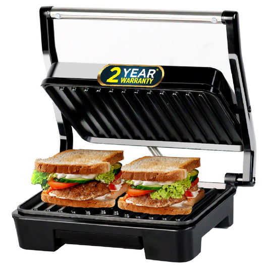 Seasons iBELL SM1515 sandwich maker with floating hinges, black and silver, 1000W panini, grill, and toast appliance.