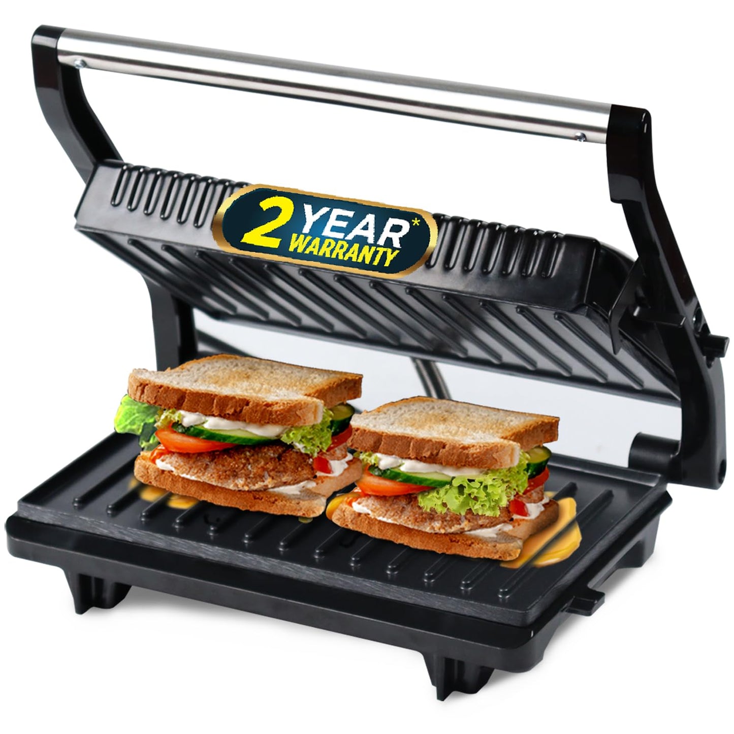 Seasons iBELL SM515 sandwich maker with black finish, 750W power, openable panini grill with floating hinges for toasting sandwiches.
