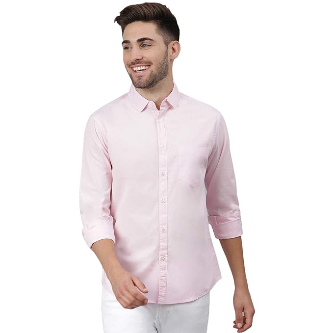Men's solid pink cotton casual shirt by Seasons, displayed flat with button front and collar detail.