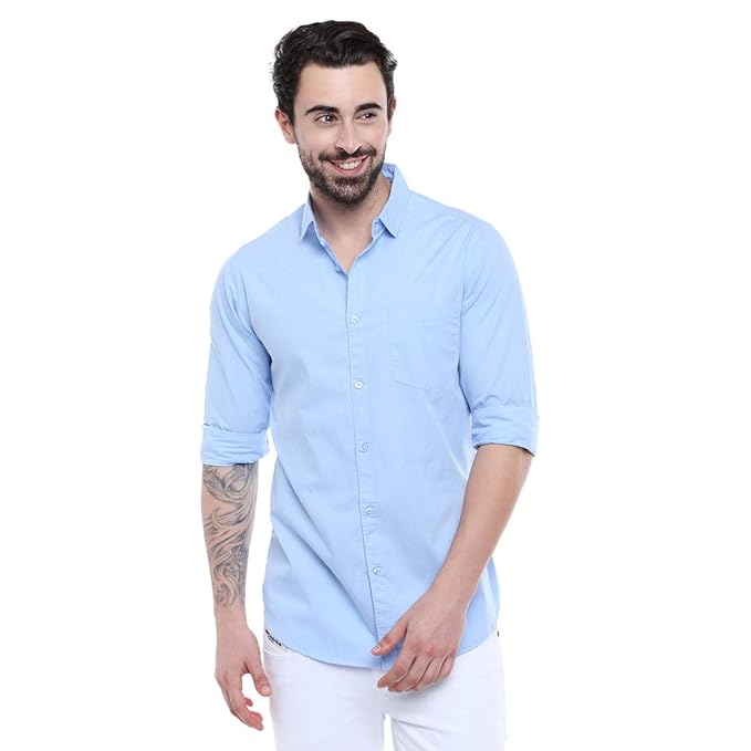 Men's sky blue casual cotton shirt by Seasons, solid color with a classic collar and button-front design.