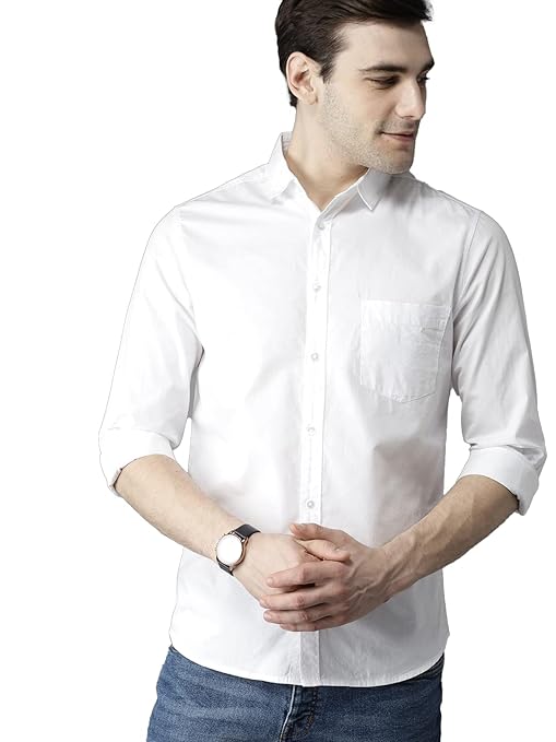 Men's white cotton casual shirt by Seasons, solid color with a classic collar and button-down front, perfect for everyday wear.